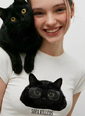 uhno黑色猫咪印花紧身圆领T恤修身型夏季短袖女士樱桃图案弹力T恤