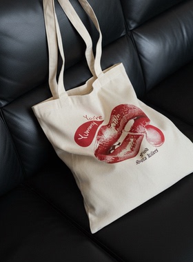 FSK 沙发刺客红唇樱桃印花帆布袋上班通勤休闲帆布包懒人上课布袋