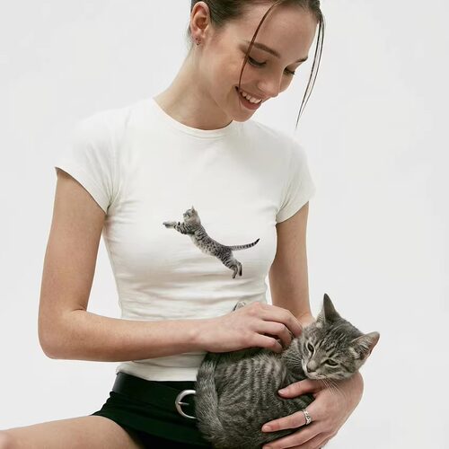 uhno猫咪印花紧身圆领T恤修身型夏季短袖女士趣味弹力T恤