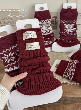 新年女童袜套秋冬季加厚针织大红色堆堆袜儿童韩版布标冬款小腿套