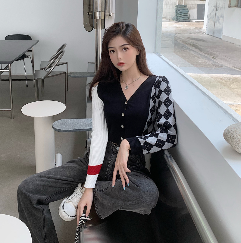 Real price high-end show girls' contrast stitching off shoulder knitted cardigan