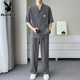 花花公子短袖长裤冰丝套装男士夏季休闲高级感V立领T恤男装两件套