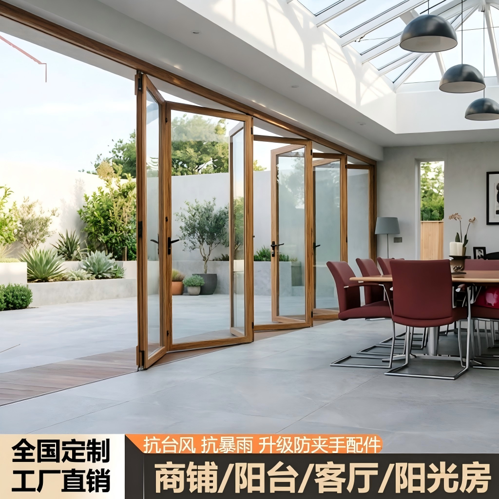 全国定制木纹色重型折叠门汽车美容洗车店商铺阳光房庭院断桥铝门
