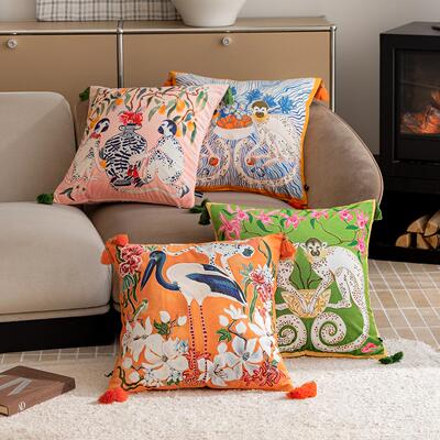 粉红色复古双面印花新中式抱枕