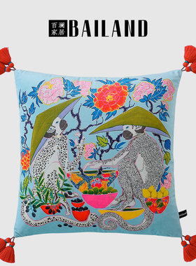 百澜家居YH120浅蓝色复古双面印花新中式沙发客厅抱枕靠垫腰枕套