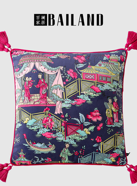 百澜家居YH143紫蓝色中式古典双面印花沙发客厅抱枕床头靠垫腰枕