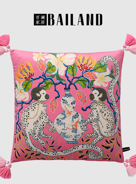 百澜家居YH046紫红色复古双面印花新中式沙发客厅抱枕靠垫腰枕套