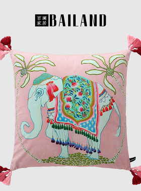 百澜家居YH053粉色象复古双面印花新中式沙发客厅抱枕靠垫腰枕套