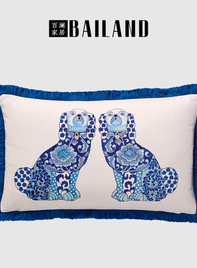 百澜家居YH037中式丝绒蓝色狗抱枕靠包床头沙发靠垫客厅抱枕套