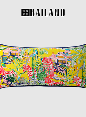 百澜家居YH150黄色斑马中式复古双面印花沙发客厅抱枕靠垫腰枕套