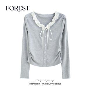 收褶木耳边V领系绳长袖 拾野森 甜美少女短款 新款 T恤女上衣 春装