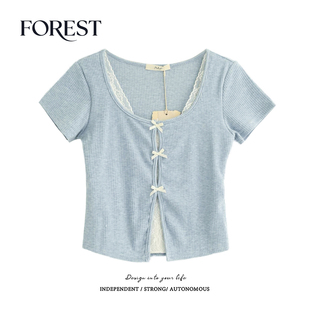 拾野森 夏装新款纯欲甜辣短款设计感假两件蝴蝶结蕾丝U领短袖上衣