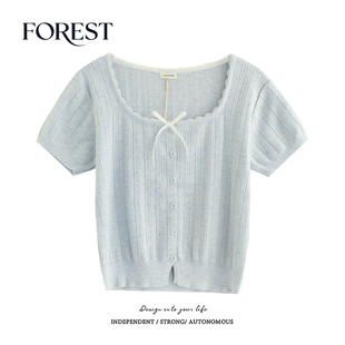 拾野森 夏装新款bm风纯欲甜辣短款镂空蝴蝶结U领短袖针织衫女上衣