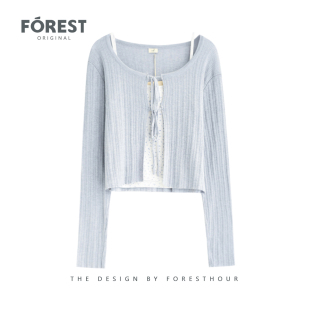 系绳针织开衫 拾野森春装 碎花吊带背心长袖 纯欲甜辣短款 两件套 新款