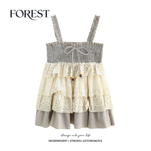 拾野森 新田园度假风荷叶边格子碎花拼接蕾丝蝴蝶结吊带背心 夏装