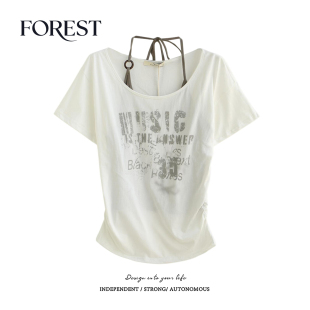 复古辣妹假两件弧形收褶印花挂脖短袖 拾野森 美式 新款 T恤上衣 夏装