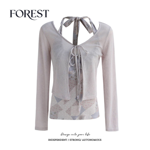 系绳开衫 拾野森 纯欲度假风几何波点挂脖背心长袖 新款 两件套 春装