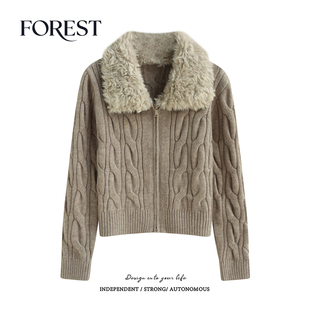 不退不换 2件5折 款 双拉链麻花毛毛翻领长袖 外套 毛衣开衫 清仓