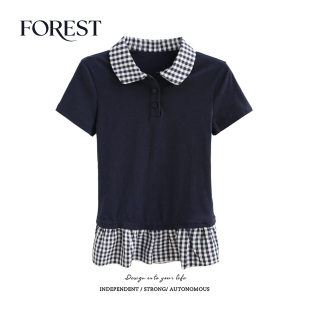 子荷叶边polo领短袖 拾野森 韩系学院风格 新款 T恤女上衣 夏装