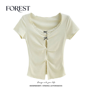 假两件波点蝴蝶结扭结短袖 纯欲甜辣短款 U领T恤上衣 新款 拾野森夏装