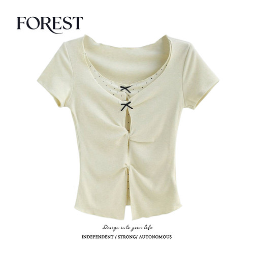 拾野森短款假两件波点蝴蝶结T恤