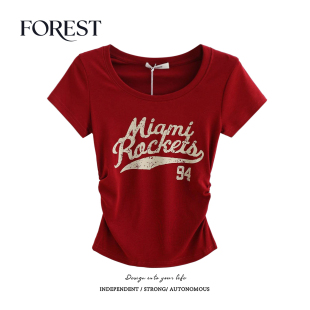 夏装 收褶印花短袖 新款 复古辣妹短款 圆领上衣T恤 bm风美式 拾野森