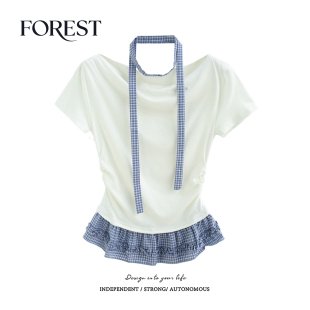 甜美刺绣格子木耳边围脖短袖 新款 荡领一字肩T恤上衣 夏装 拾野森