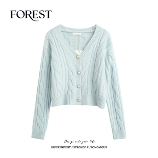 拾野森 冬装新款甜美风短款麻花V领针织衫毛衣开衫短外套小个子