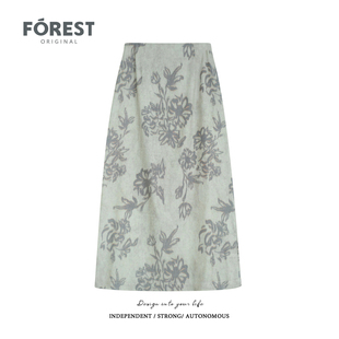 复古高腰中长款 拾野森 韩版 新款 印花半身裙A字裙后开叉 夏装