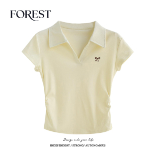 收褶蝴蝶结刺绣短袖 拾野森 BM风短款 新款 翻领T恤女上衣 夏装