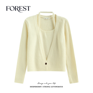 不退不换 2件5折 短款 挂脖背心长袖 两件套 深V领毛衣开衫 清仓