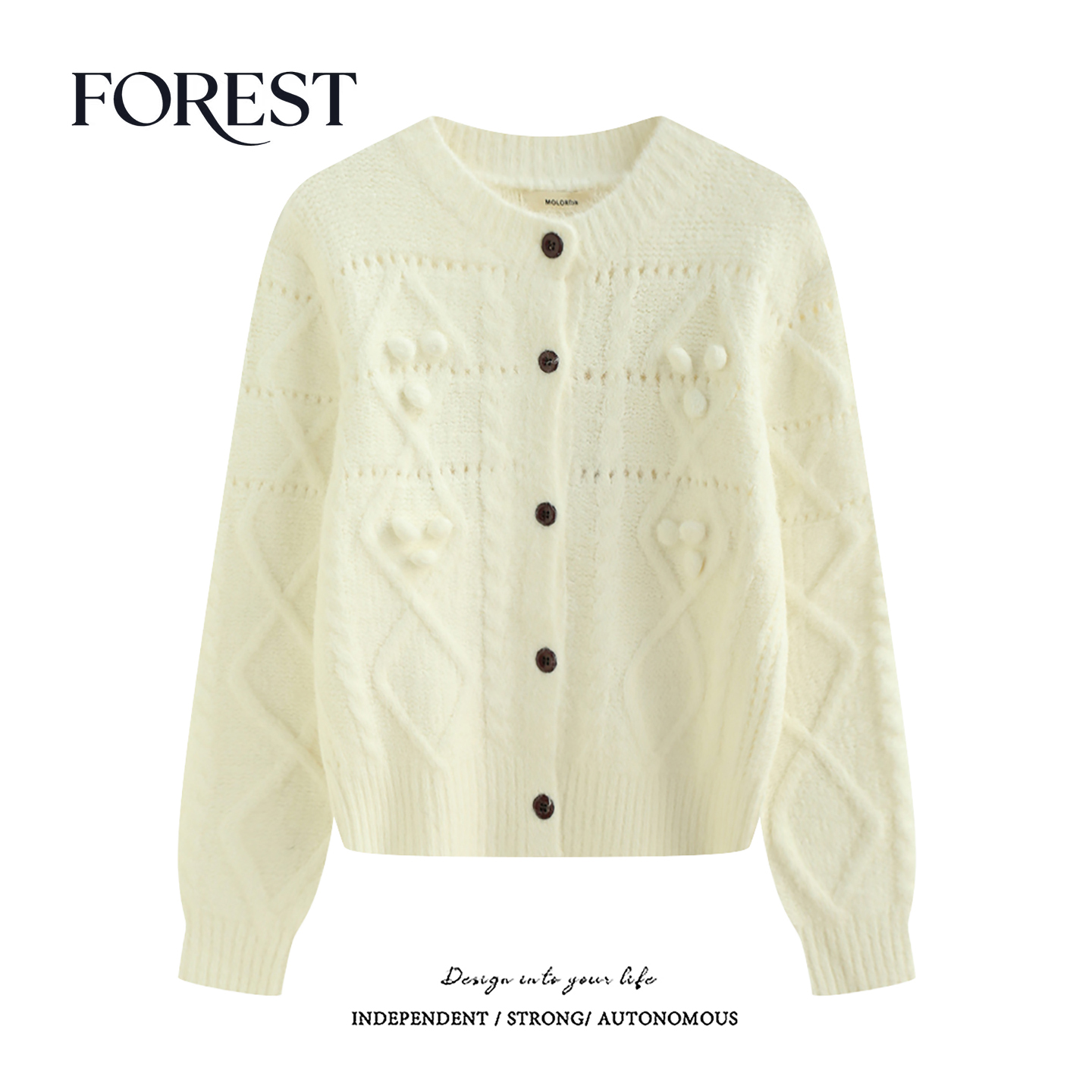 拾野森 冬装新款韩版复古短款立体球球麻花圆领长袖毛衣开衫外套