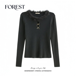 不退不换 2件5折 款 镂空蝴蝶结毛领长袖 打底衫 圆领针织衫 清仓