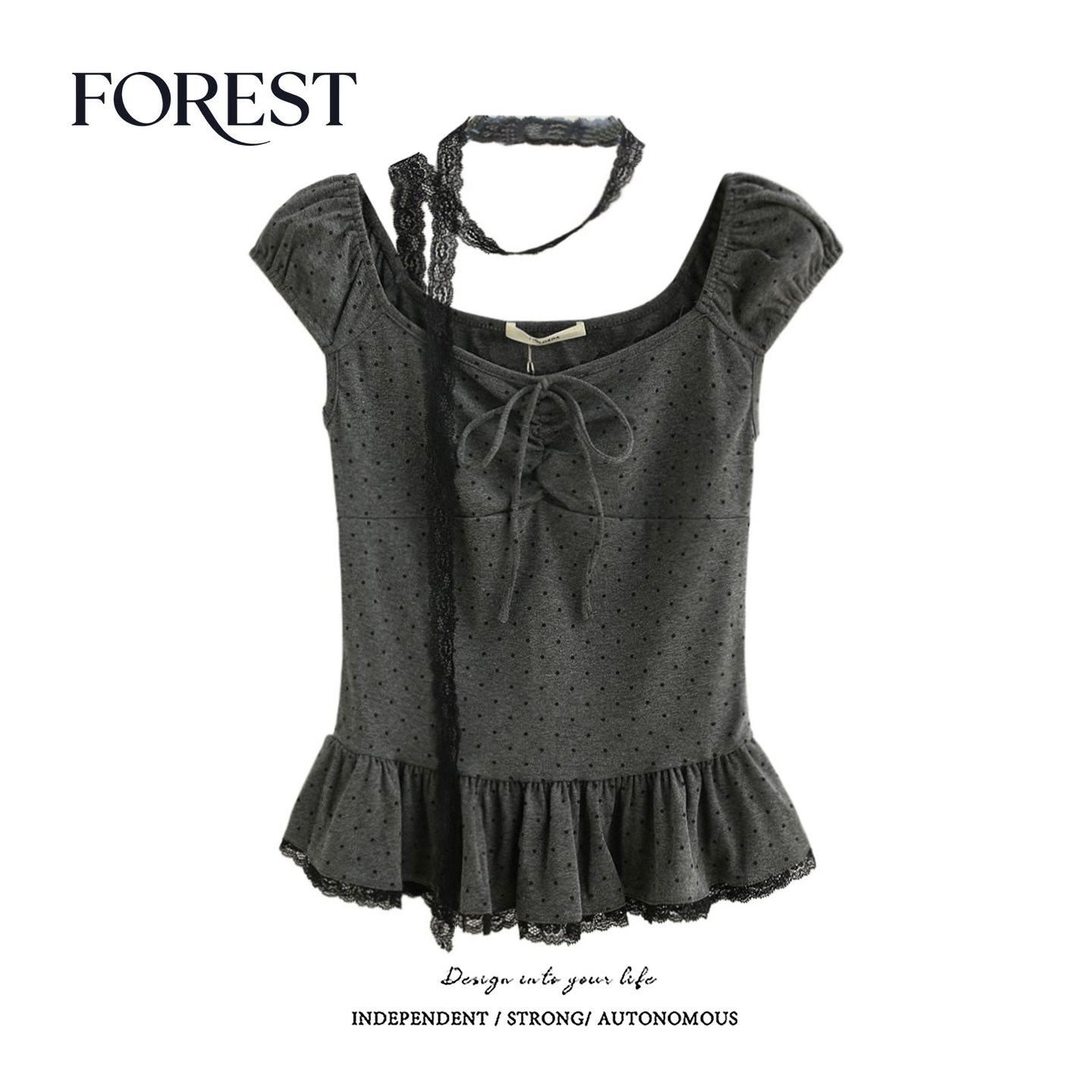 拾野森 夏装新款纯欲甜辣短款波点蕾丝花边围脖系绳短袖上衣