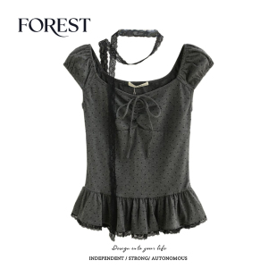 波点蕾丝花边围脖系绳短袖 拾野森 纯欲甜辣短款 新款 上衣 夏装