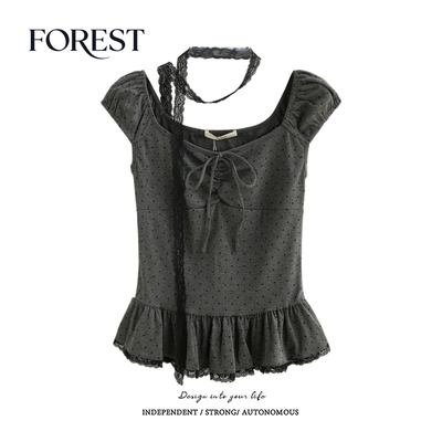 拾野森波点蕾丝围脖上衣