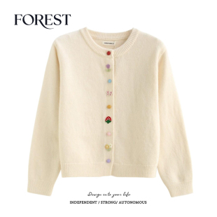 圆领毛衣开衫 拾野森 韩系加厚亮丝小清新刺绣长袖 新款 外套 冬装