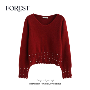 清仓 珍珠花边V领长袖 2件5折 复古短款 套头毛衣上衣 不退不换