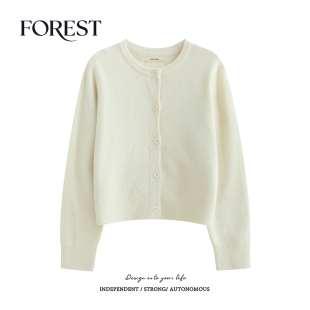 韩版 温柔短款 羊绒圆领长袖 拾野森 毛衣开衫 新款 针织衫 冬装