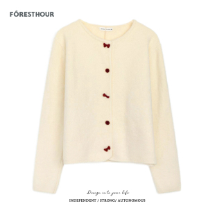 冬装 圆领毛衣开衫 新款 植绒蝴蝶结扣长袖 加厚韩系慵懒短款 拾野森