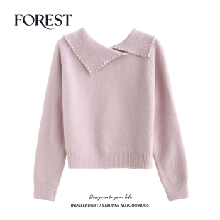 设计感珍珠长袖 拾野森 韩系新年短款 新款 翻领套头毛衣上衣 冬装