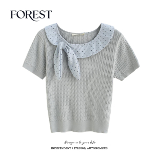 法式 新款 小众短款 波点荷叶领蝴蝶结麻花短袖 拾野森 针织衫 夏装