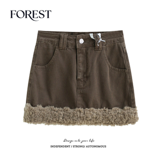 韩系高腰显瘦毛毛拼接半身裙A字裙短裙裙裤 新款 冬装 拾野森