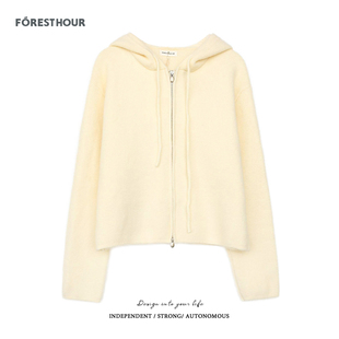 拾野森 冬装新款韩系慵懒风短款宽松双拉链连帽长袖毛衣开衫外套