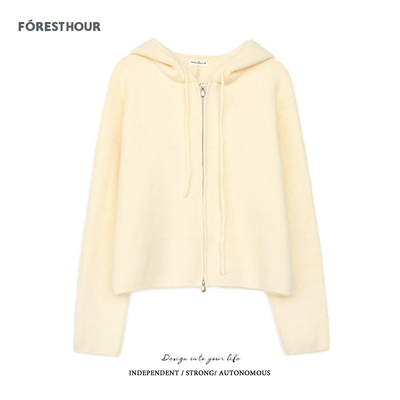 拾野森短款双拉链连帽毛衣开衫