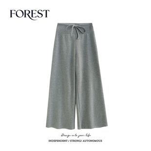 韩版 新款 高腰显瘦系绳糯米绒阔腿裤 休闲裤 女学生 拾野森 长裤 冬装