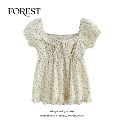 拾野森碎花系绳方领上衣