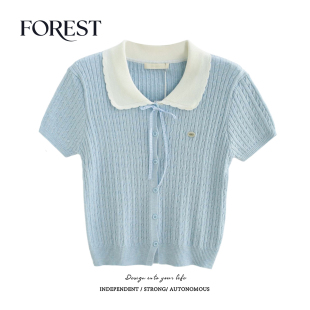 短款 新款 麻花格子蝴蝶结娃娃领短袖 针织衫 拾野森 上衣开衫 夏装