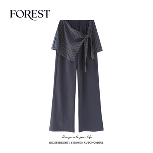 韩版 新款 高腰显瘦格子蝴蝶结屁帘休闲裤 长裤 拾野森 阔腿裤 秋装