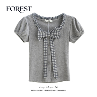 格子蝴蝶结拼接U领泡泡袖 拾野森 纯欲甜辣短款 新款 T恤上衣 夏装